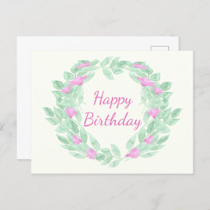 Round floral frame Happy Birthday. Holiday Postcard