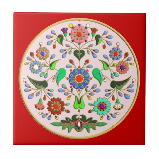 Round floral happy folk ornament tile (Front)
