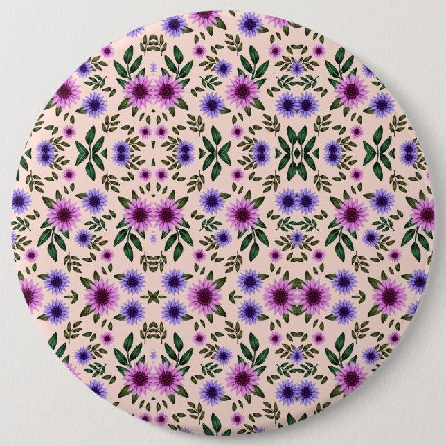 Round floral pattern with purple, pink, and blue  6 cm round badge (Front)