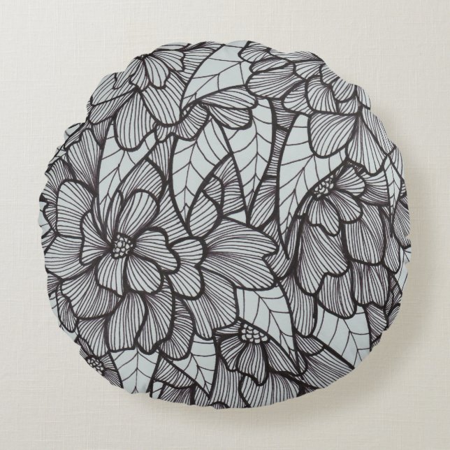 Round Flower Print Throw Pillow in Grey and Black (Front)