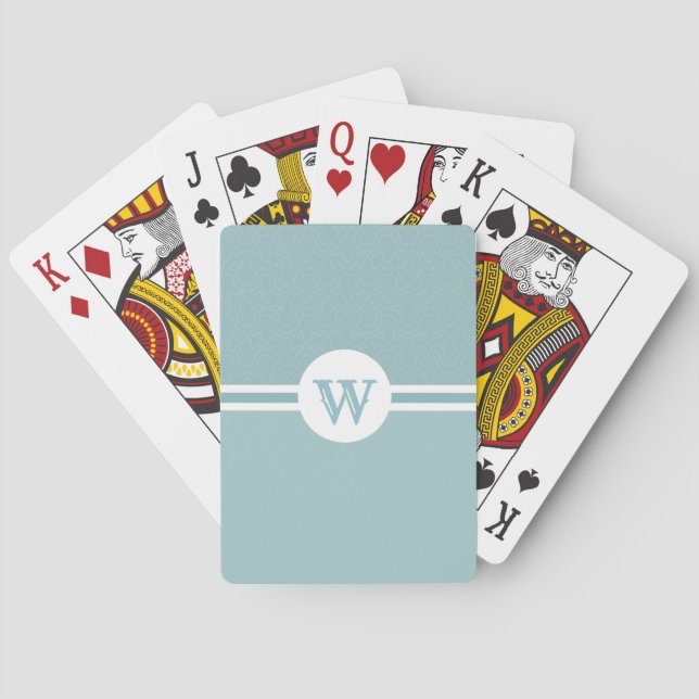 Round frame letter monogram light blue playing cards (Back)