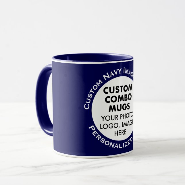Round Frame Photo + Text Navy Blue Custom Combo Mug (Front Left)
