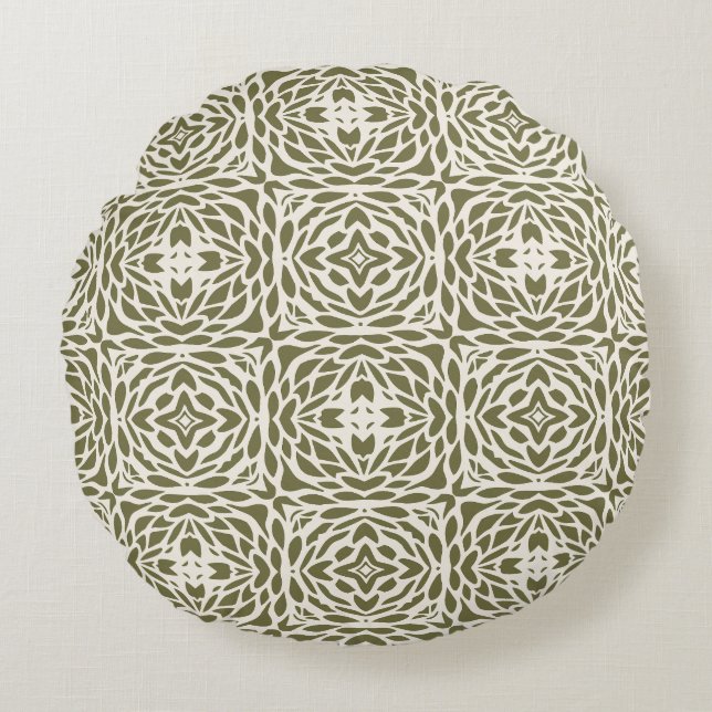 Round Geometric Olive Floral  Cushion (Front)
