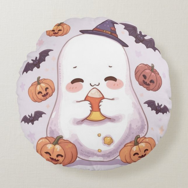 Round Ghost Halloween Pillow – Spooky Cute Decor (Front)