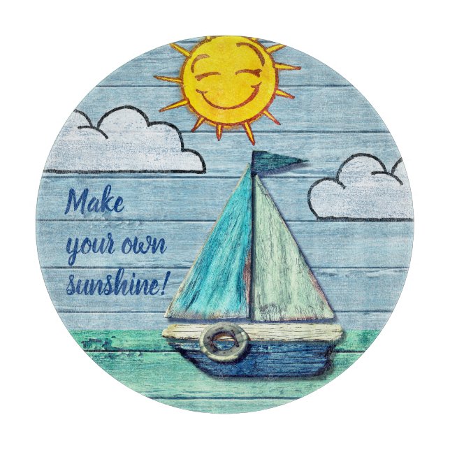 Round Glass chopping board Driftwood Beach Design (Front)