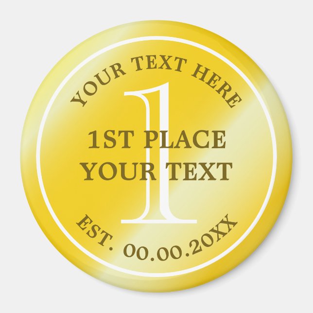 Round gold medal first place prize fridge magnet  (Front)