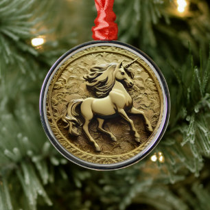Round Gold Unicorn Coin, Metal Tree Decoration