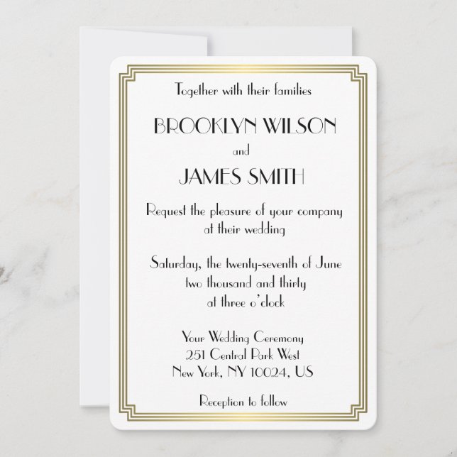 Round Great Gatsby Art Deco White Wedding Invites (Front)