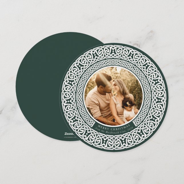 Round Green + Off White Celtic Holiday Photo Card (Front/Back)
