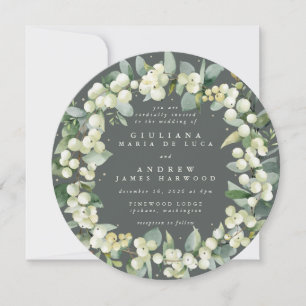 Round Green Snowberry+Eucalyptus Wreath Wedding Invitation