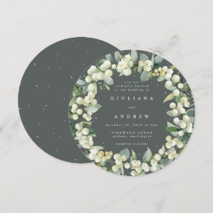 Round Green Snowberry+Eucalyptus Wreath Wedding Invitation