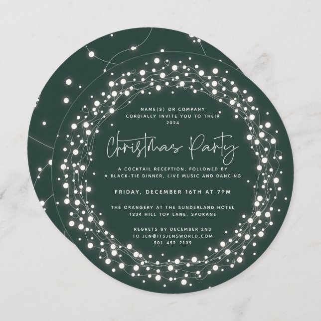 Round Green Sparkling Lights Christmas Party Invitation (Front/Back)