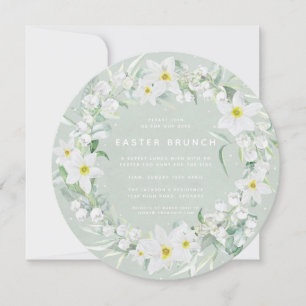 Round Green + White Floral Wreath Easter Brunch Invitation