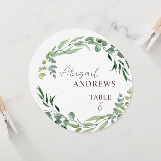 Round Greenery Foliage Wedding Guest Place Card (Front/Back In Situ)