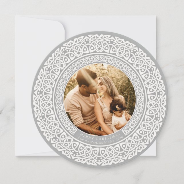 Round Grey + Off White Celtic Holiday Photo Card (Front)