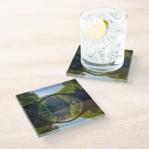 Round Grey Rock Bridge over a River in the Woods Glass Coaster