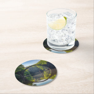 Round Grey Rock Bridge over a River in the Woods Round Paper Coaster