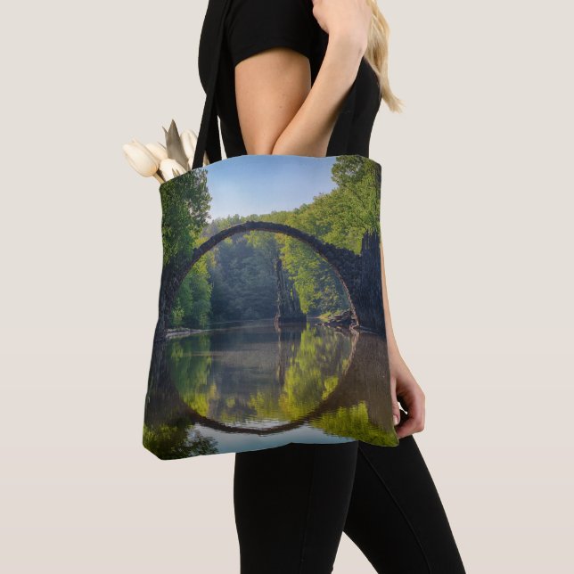 Round Grey Rock Bridge over a River in the Woods Tote Bag (Close Up)