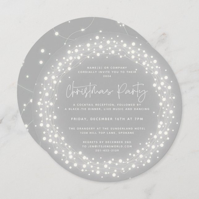 Round Grey Sparkling Lights Christmas Party Invitation (Front/Back)