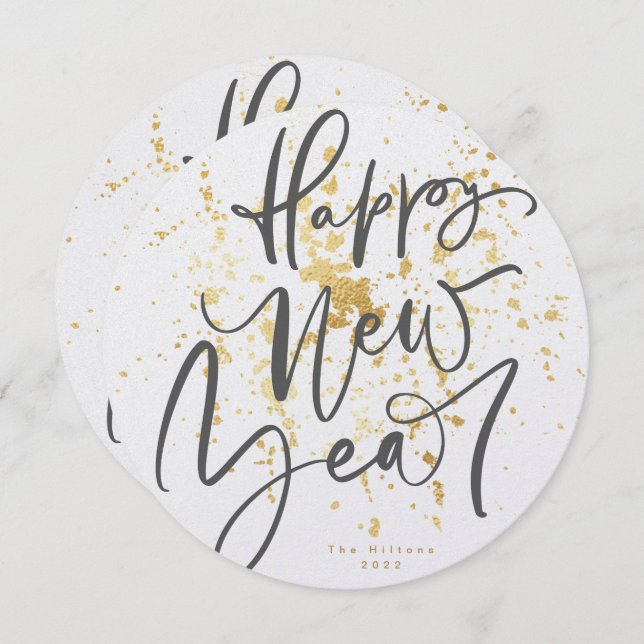 Round Happy New Year in grey handwritten text Holiday Card (Front/Back)