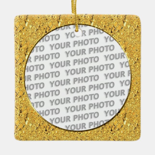 Round in Square Frame gold leaf + your photo Ceramic Tree Decoration (Front)