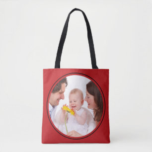 Round in Square Frame red + your photo Tote Bag