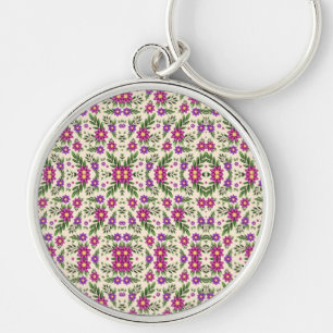 Round keychain with a pink and green floral geomet