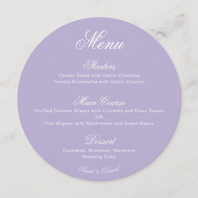 Round Lavender Simple Calligraphy Purple Wedding Menu (Front)