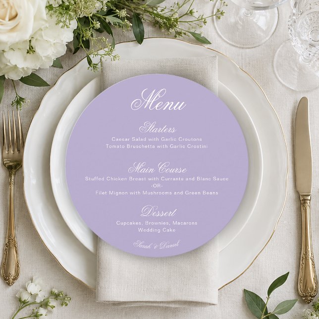 Round Lavender Simple Calligraphy Purple Wedding Menu (Creator Uploaded)