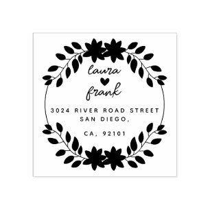 Round Leaves Couple Names Wedding Return Address Rubber Stamp
