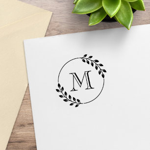 Round Leaves Wreath Monogram Initial 1x1 Rubber Stamp