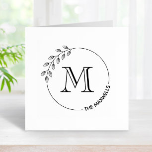 Round Leaves Wreath Monogram Initial Family Name Rubber Stamp