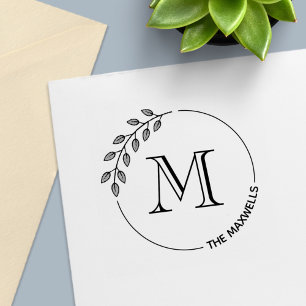 Round Leaves Wreath Monogram Initial Family Name Self-inking Stamp