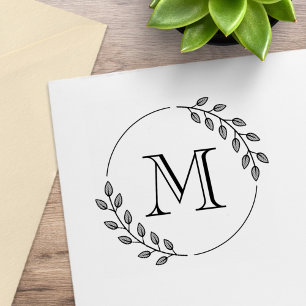 Round Leaves Wreath Monogram Initial Rubber Stamp