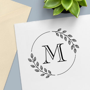 Round Leaves Wreath Monogram Initial Self-inking Stamp