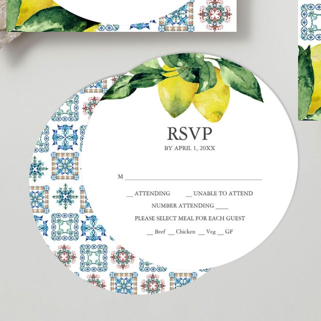 Round Lemon RSVP Card Stackable Invitations  (RSVP card lemon and Amalfi tile design for stacked wedding invitation theme. )