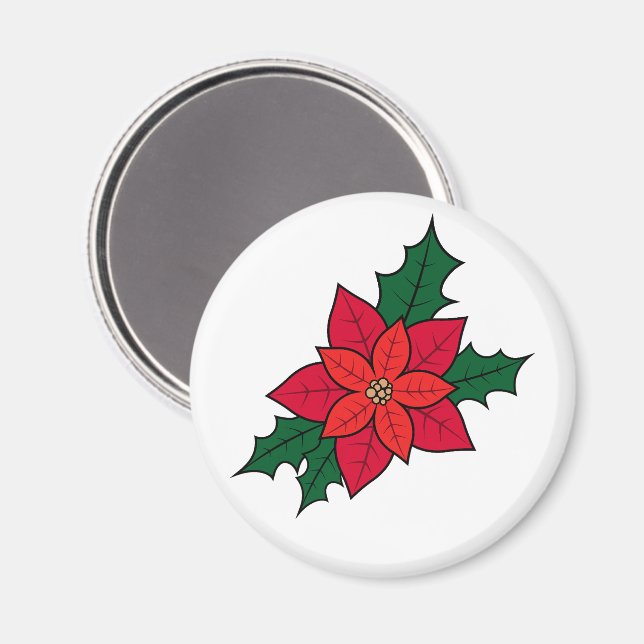 Round Magnet With A Red Christmas Poinsettia (Front/Back)