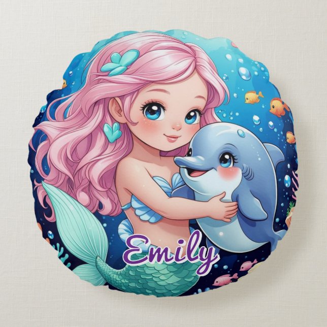 Round Mermaid & Dolphin Pillow – Personalised Gift (Front)