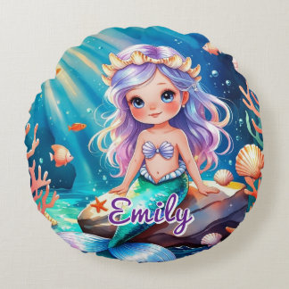 Round Mermaid Ocean Pillow – Editable Name