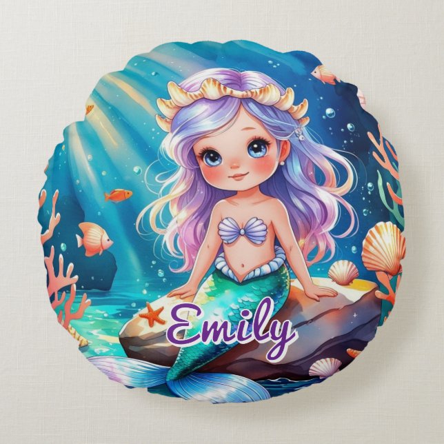 Round Mermaid Ocean Pillow – Editable Name (Front)