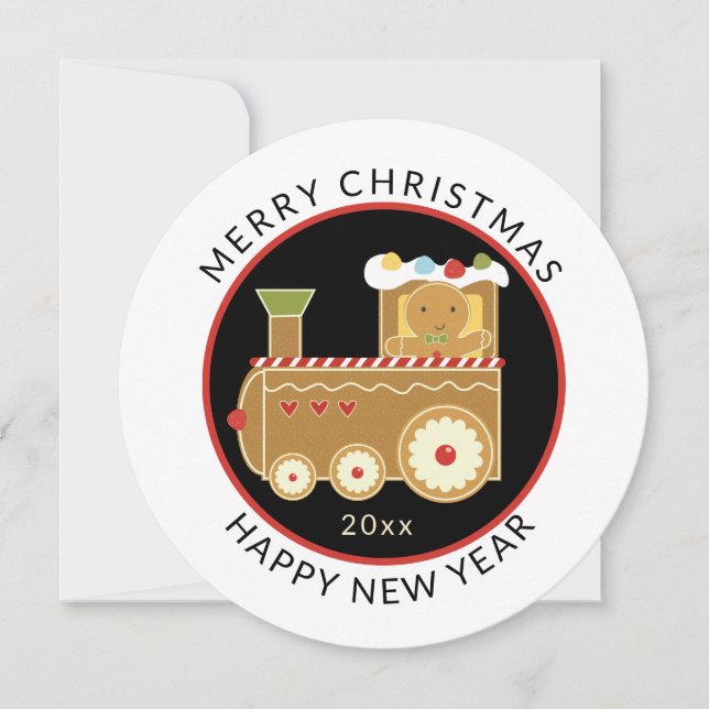 Round, Minimal Christmas Gingerbread Train Holiday Card (Front)