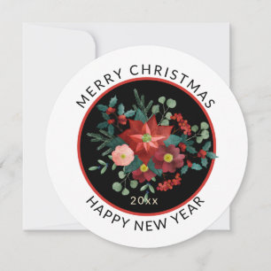 Round, Minimal Christmas Red Poinsettia Floral Hol Holiday Card