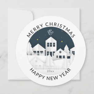 Round  Modern   White Winter Village   Christmas  Holiday Card