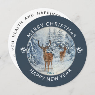 Round Modern Winter Forest w/Deer Christmas Holiday Card