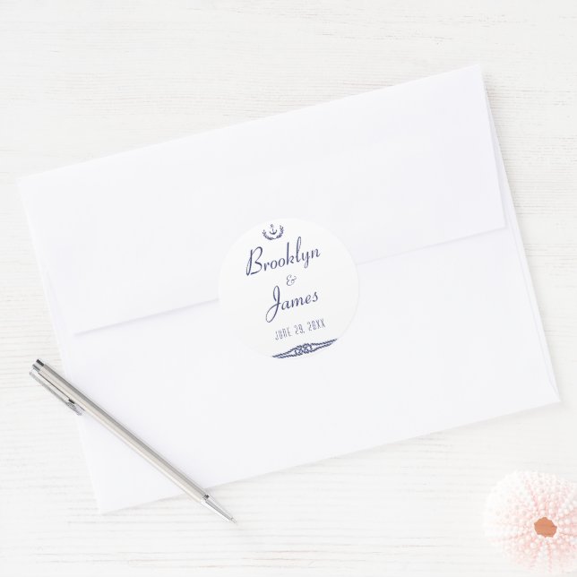 Round Nautical Wedding Stickers With Anchors (Envelope)