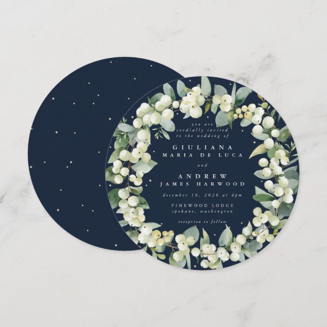 Round Navy Snowberry+Eucalyptus Wreath Wedding Invitation (Front/Back)