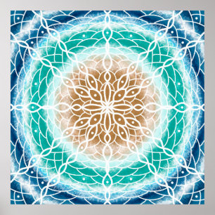 Round Ocean Waves Mandala Teal and Turquoise   Poster