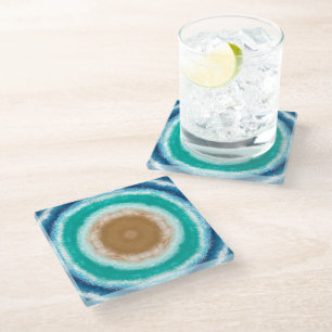 Round Ocean Waves Teal and Turquoise  Glass Coaster