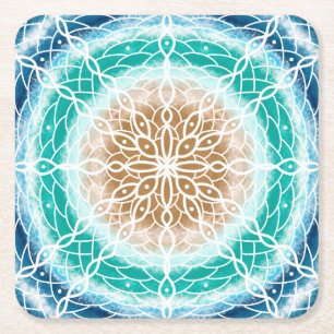 Round Ocean Waves Teal and Turquoise Mandala   Square Paper Coaster