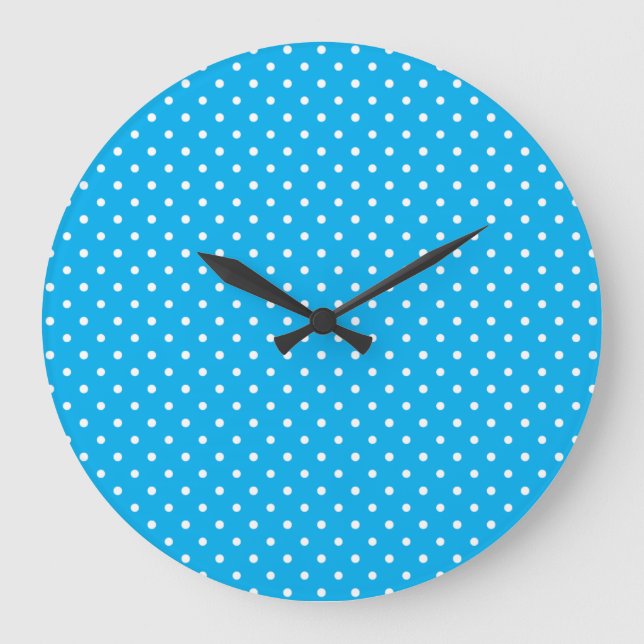 Round or Square Wall Clock: Blue, White Polka Dots Large Clock (Front)